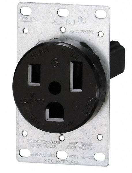 Leviton - 250 VAC, 60 Amp, 15-60R NEMA Configuration, Black, Industrial Grade, Self Grounding Single Receptacle - 1 Phase, 3 Poles, 4 Wire, Flush Mount, Tamper Resistant - Best Tool & Supply