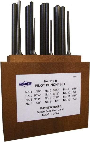 Mayhew - 12 Piece, 1/16 to 1/2", Roll Pin Punch Set - Round Shank, Alloy Steel, Comes in Wood Box - Best Tool & Supply