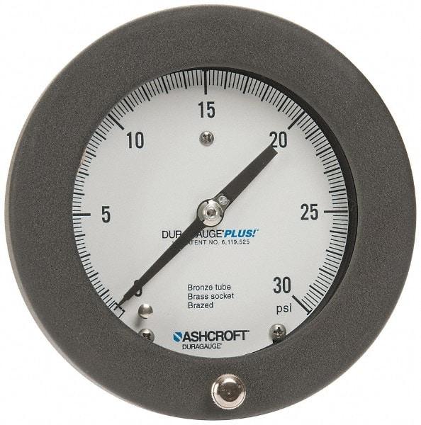 Ashcroft - 4-1/2" Dial, 1/4 Thread, 0-30 Scale Range, Pressure Gauge - Center Back Connection Mount, Accurate to 0.5% of Scale - Best Tool & Supply