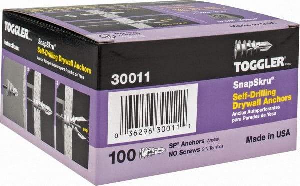 Toggler - #6 to 10 Screw, 5/16" Diam, 1-5/8" Long, 3/8 to 5/8" Thick, Self Drilling Drywall & Hollow Wall Anchor - Thermoplastic Alloy, Use in Drywall - Best Tool & Supply