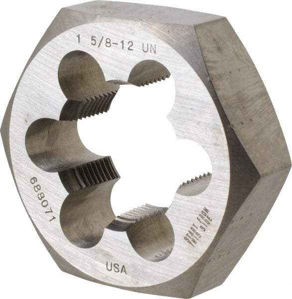 Made in USA - 1-5/8 - 12 UNS Thread, 3-1/8" Hex, Right Hand Thread, Hex Rethreading Die - Carbon Steel, 1" Thick - Exact Industrial Supply