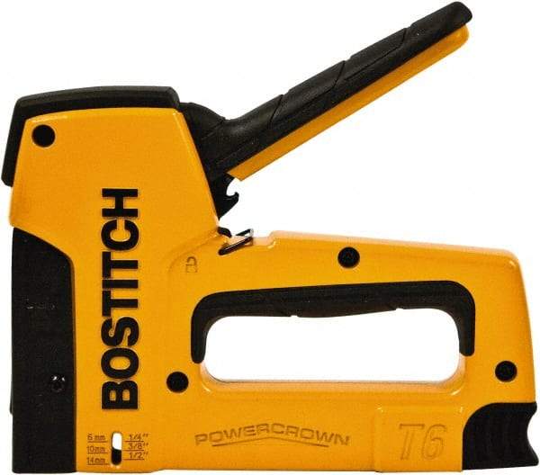 Stanley Bostitch - Manual Staple Gun - 1/4, 5/16, 3/8, 1/2, 9/16" Staples, 84 Lb Capacity, Yellow, Aluminum Die Cast - Best Tool & Supply