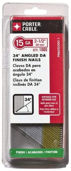 Porter-Cable - 15 Gauge 2-1/2" Long Finishing Nails for Power Nailers - Grade 2 Steel, Galvanized Finish, Angled Stick Collation, Chisel Point - Best Tool & Supply