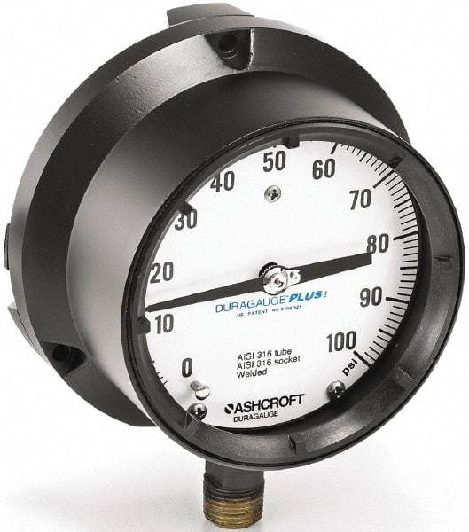 Ashcroft - 4-1/2" Dial, 1/2 Thread, 0-600 Scale Range, Pressure Gauge - Lower Connection, Rear Flange Connection Mount, Accurate to 0.5% of Scale - Best Tool & Supply