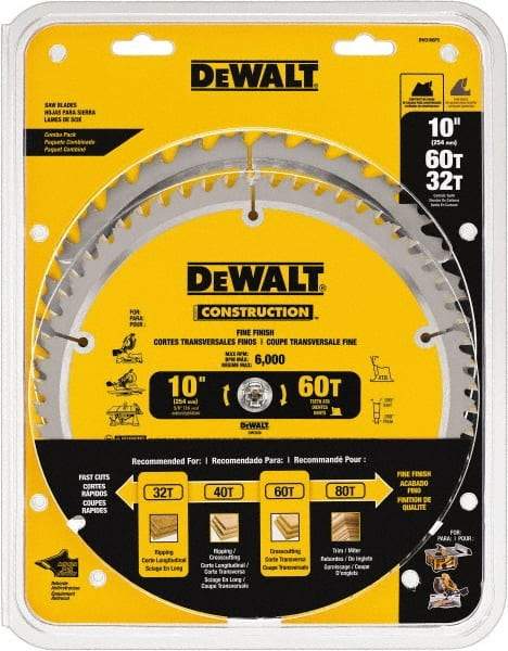 DeWALT - 10" Diam, 5/8" Arbor Hole Diam, 32 & 60 Tooth Wet & Dry Cut Saw Blade - Carbide-Tipped, Fine Finish & General Purpose Action, Standard Round Arbor - Best Tool & Supply