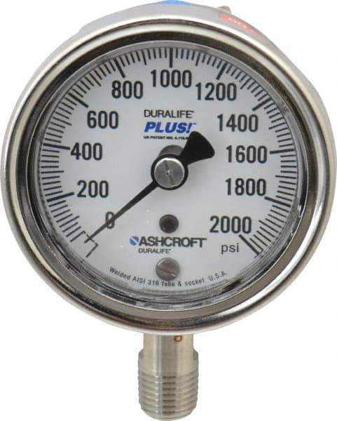 Ashcroft - 2-1/2" Dial, 1/4 Thread, 0-2,000 Scale Range, Pressure Gauge - Lower Connection Mount, Accurate to 1% of Scale - Best Tool & Supply