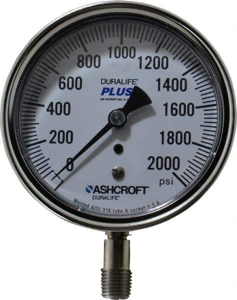 Ashcroft - 3-1/2" Dial, 1/4 Thread, 0-2,000 Scale Range, Pressure Gauge - Lower Connection Mount, Accurate to 1% of Scale - Best Tool & Supply