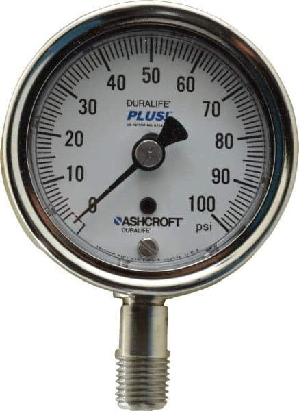 Ashcroft - 2-1/2" Dial, 1/4 Thread, 0-100 Scale Range, Pressure Gauge - Lower Connection Mount, Accurate to 1% of Scale - Best Tool & Supply