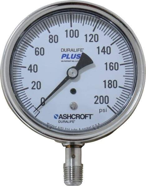 Ashcroft - 3-1/2" Dial, 1/4 Thread, 0-200 Scale Range, Pressure Gauge - Lower Connection Mount, Accurate to 1% of Scale - Best Tool & Supply