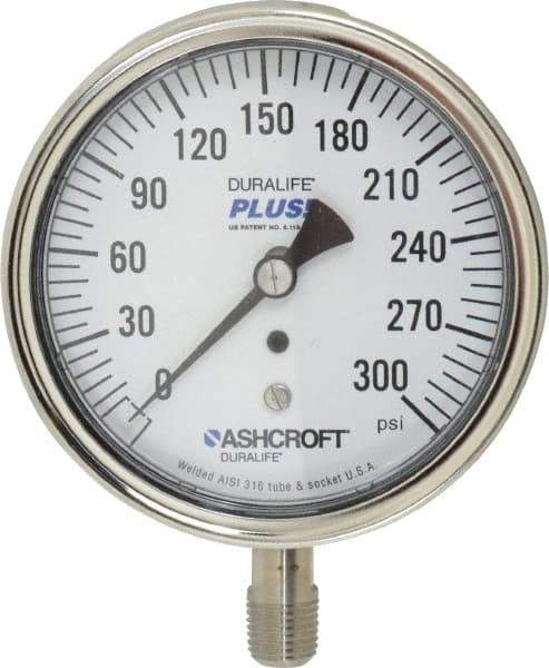 Ashcroft - 3-1/2" Dial, 1/4 Thread, 0-300 Scale Range, Pressure Gauge - Lower Connection Mount, Accurate to 1% of Scale - Best Tool & Supply