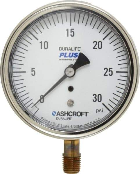 Ashcroft - 3-1/2" Dial, 1/4 Thread, 0-30 Scale Range, Pressure Gauge - Lower Connection Mount, Accurate to 1% of Scale - Best Tool & Supply