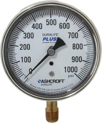 Ashcroft - 3-1/2" Dial, 1/4 Thread, 0-1,000 Scale Range, Pressure Gauge - Lower Connection Mount, Accurate to 1% of Scale - Best Tool & Supply