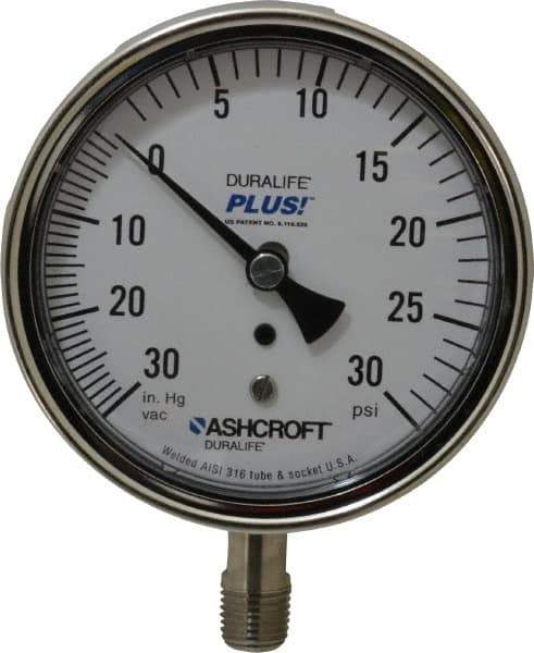 Ashcroft - 3-1/2" Dial, 1/4 Thread, 30-0-30 Scale Range, Pressure Gauge - Lower Connection Mount, Accurate to 1% of Scale - Best Tool & Supply