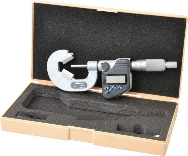 Mitutoyo - 0.4 to 1 Inch Measurement, Accuracy Up to 4 micro m, 3 Flutes Measured, Ratchet Stop Thimble, Electronic V Anvil Micrometer - 0.0001 Inch Resolution, Carbide, Data Output, SR44 Battery - Best Tool & Supply