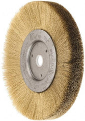 Weiler - 6" OD, 5/8" Arbor Hole, Crimped Brass Wheel Brush - 1/2" Face Width, 1-1/16" Trim Length, 0.005" Filament Diam, 6,000 RPM - Best Tool & Supply