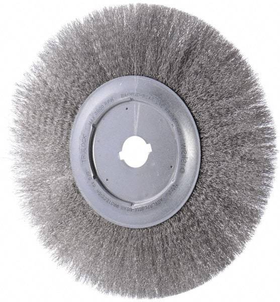 Weiler - 12" OD, 1-1/4" Arbor Hole, Crimped Stainless Steel Wheel Brush - 3/4" Face Width, 2-15/16" Trim Length, 0.0104" Filament Diam, 3,000 RPM - Best Tool & Supply