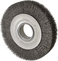 Weiler - 8" OD, 2" Arbor Hole, Crimped Steel Wheel Brush - 1-1/2" Face Width, 1-3/8" Trim Length, 0.014" Filament Diam, 4,500 RPM - Best Tool & Supply