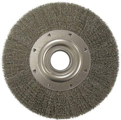 Weiler - 6" OD, 2" Arbor Hole, Crimped Stainless Steel Wheel Brush - 1-1/4" Face Width, 1-1/8" Trim Length, 0.006" Filament Diam, 6,000 RPM - Best Tool & Supply