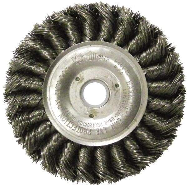 Weiler - 4" OD, 5/8" Arbor Hole, Knotted Steel Wheel Brush - 1/2" Face Width, 7/8" Trim Length, 0.014" Filament Diam, 20,000 RPM - Best Tool & Supply