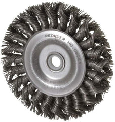 Weiler - 4" OD, 1/2" Arbor Hole, Knotted Steel Wheel Brush - 1/2" Face Width, 7/8" Trim Length, 0.02" Filament Diam, 20,000 RPM - Best Tool & Supply