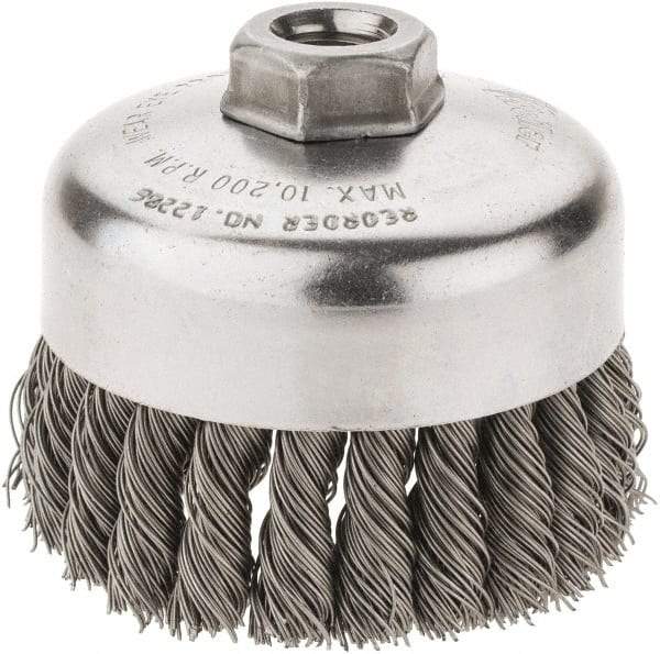 Weiler - 4" Diam, 5/8-11 Threaded Arbor, Steel Fill Cup Brush - 0.023 Wire Diam, 1-1/4" Trim Length, 9,000 Max RPM - Best Tool & Supply