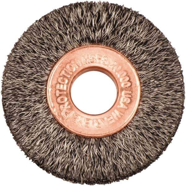 Weiler - 1-1/2" OD, 3/8" Arbor Hole, Crimped Steel Wheel Brush - 1/4" Face Width, 7/16" Trim Length, 0.006" Filament Diam, 20,000 RPM - Best Tool & Supply