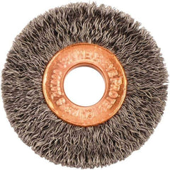 Weiler - 1-1/2" OD, 3/8" Arbor Hole, Crimped Steel Wheel Brush - 1/4" Face Width, 7/16" Trim Length, 0.008" Filament Diam, 20,000 RPM - Best Tool & Supply