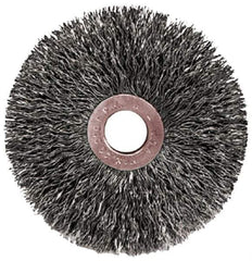 Weiler - 2" OD, 1/2" Arbor Hole, Crimped Steel Wheel Brush - 3/8" Face Width, 1/2" Trim Length, 0.0104" Filament Diam, 20,000 RPM - Best Tool & Supply