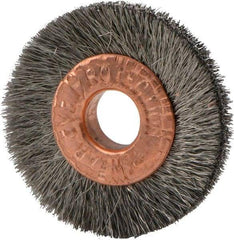 Weiler - 1" OD, 1/4" Arbor Hole, Crimped Stainless Steel Wheel Brush - 3/16" Face Width, 1/4" Trim Length, 0.003" Filament Diam, 20,000 RPM - Best Tool & Supply