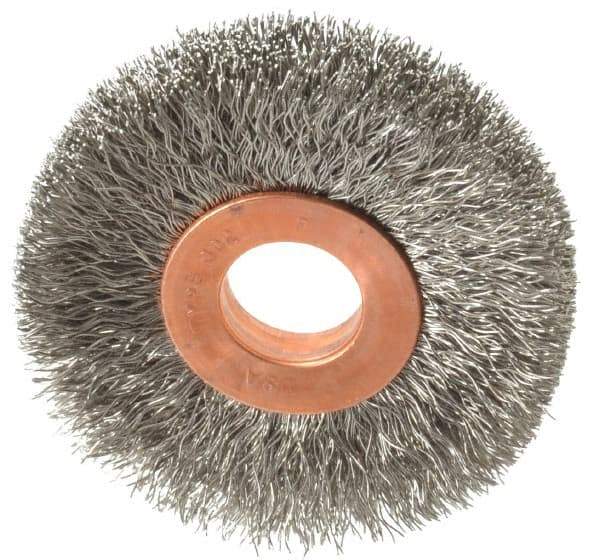 Weiler - 2" OD, 1/2" Arbor Hole, Crimped Stainless Steel Wheel Brush - 3/8" Face Width, 1/2" Trim Length, 0.008" Filament Diam, 20,000 RPM - Best Tool & Supply