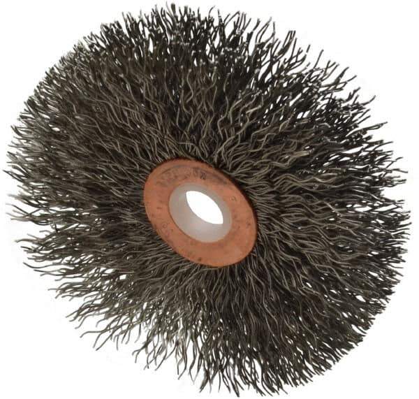 Weiler - 3" OD, 1/2" Arbor Hole, Crimped Stainless Steel Wheel Brush - 5/8" Face Width, 1" Trim Length, 0.014" Filament Diam, 20,000 RPM - Best Tool & Supply