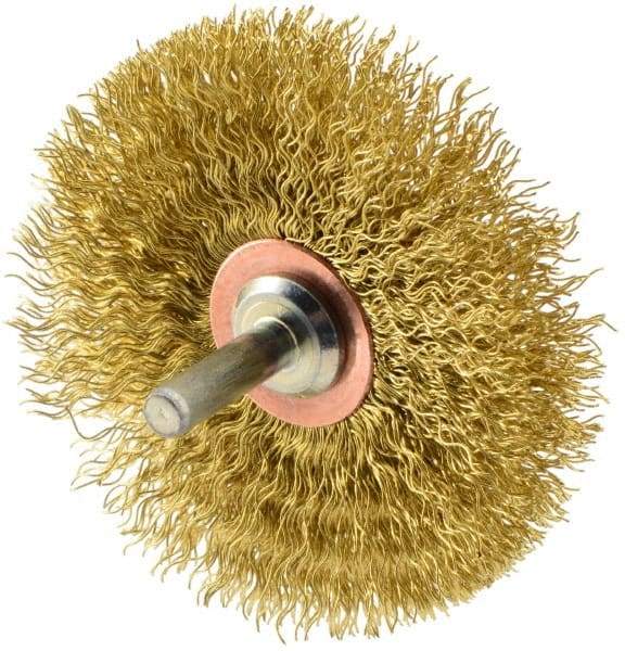 Weiler - 3" OD, 1/4" Shank Diam, Crimped Brass Wheel Brush - 1/2" Face Width, 1" Trim Length, 0.0118" Filament Diam, 20,000 RPM - Best Tool & Supply