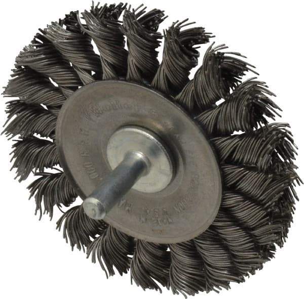 Weiler - 3-1/4" OD, 1/4" Shank Diam, Knotted Steel Wheel Brush - 3/8" Face Width, 5/8" Trim Length, 0.02" Filament Diam, 25,000 RPM - Best Tool & Supply