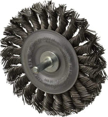 Weiler - 4" OD, 1/4" Shank Diam, Knotted Steel Wheel Brush - 1/2" Face Width, 7/8" Trim Length, 0.02" Filament Diam, 20,000 RPM - Best Tool & Supply