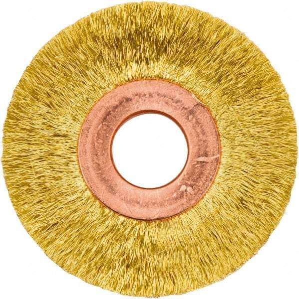 Weiler - 2" OD, 1/2" Arbor Hole, Crimped Brass Wheel Brush - 3/8" Face Width, 1/2" Trim Length, 0.005" Filament Diam, 20,000 RPM - Best Tool & Supply