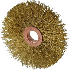 Weiler - 3" OD, 1/2" Arbor Hole, Crimped Brass Wheel Brush - 5/8" Face Width, 1" Trim Length, 0.014" Filament Diam, 20,000 RPM - Best Tool & Supply