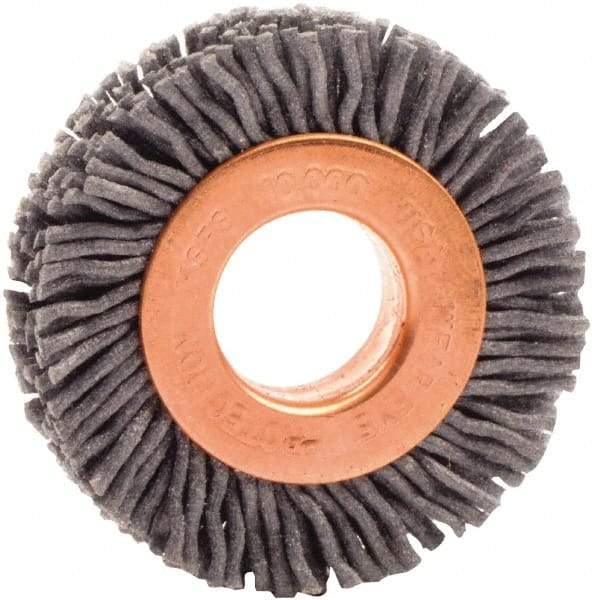 Weiler - 1-1/2" OD, 1/2" Arbor Hole, Nylon Wheel Brush - 3/8" Face Width, 1/4" Trim Length, 0.035" Filament Diam, 10,000 RPM - Best Tool & Supply