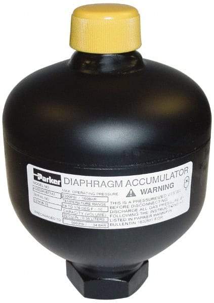 Parker - 120 Lb. Capacity, 3,620 psi Max Working Pressure, 9.88" High, Hydrin Diaphragm Accumulator - 6.14" Diam, 8 SAE Port Thread - Best Tool & Supply