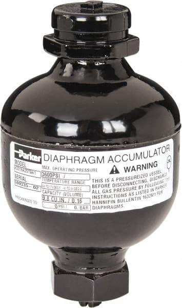 Parker - 10 Lb. Capacity, 3,620 psi Max Working Pressure, 4.69" High, Hydrin Diaphragm Accumulator - 2.95" Diam, 6 SAE Port Thread - Best Tool & Supply