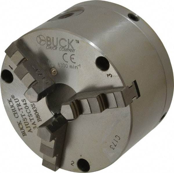 Buck Chuck Company - 3 Jaws, 4" Diam, Self Centering Manual Lathe Chuck - Front Mount, Adjustable, 6,300 Max RPM, 1.04" Through Hole Diam, Forged Steel - Best Tool & Supply