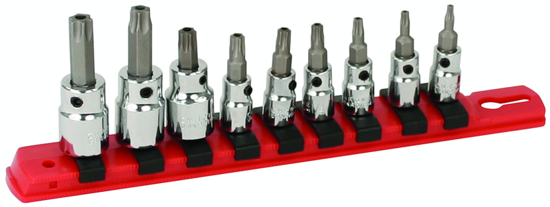 1/4" Drive: T10s; T15s; T20s; T27s; T30s and 3/8" T40s (1/4" Bit) and 3/8" T45s; T50s (5/16" Bit) on rail - Square Drive Replaceable Bit - Security Torx Bit Socket Set - Best Tool & Supply