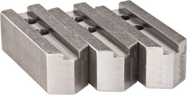 H & R Manufacturing - 1.5mm x 60° Serrated Attachment, Square Soft Lathe Chuck Jaw - 3 Jaws, Steel, 1" Btw Mount Hole Ctrs, 4-1/4" Long x 1-1/2" Wide x 1-1/2" High, 0.551" Groove, 12mm Fastener - Best Tool & Supply