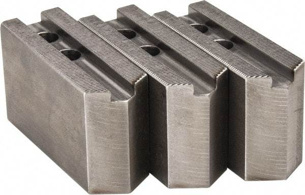 H & R Manufacturing - 1.5mm x 60° Serrated Attachment, Square Soft Lathe Chuck Jaw - 3 Jaws, Steel, 1" Btw Mount Hole Ctrs, 4-1/4" Long x 1-1/2" Wide x 2-1/2" High, 0.551" Groove, 12mm Fastener - Best Tool & Supply