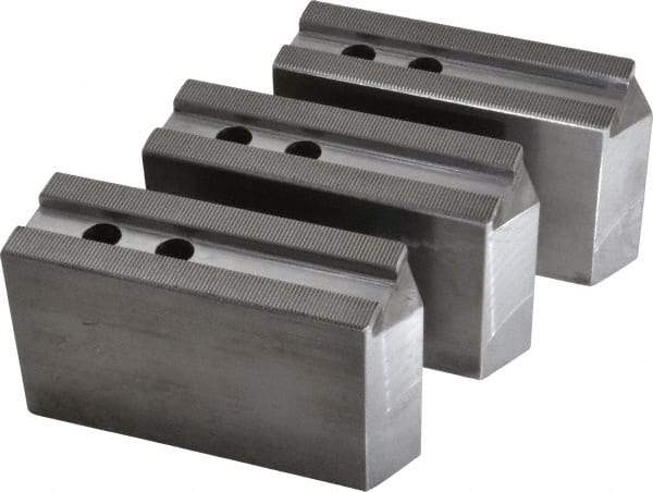 H & R Manufacturing - 1.5mm x 60° Serrated Attachment, Square Soft Lathe Chuck Jaw - 3 Jaws, Steel, 1.181" Btw Mount Hole Ctrs, 6-1/4" Long x 2" Wide x 3-1/2" High, 0.71" Groove, 14mm Fastener - Best Tool & Supply