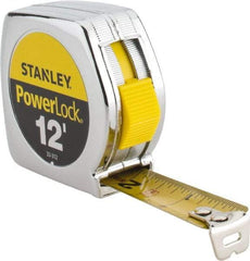 Stanley - 12' x 3/4" Yellow Blade Tape Measure - 1/32 & 1/16" Graduation, Inch Graduation Style, Silver Case - Best Tool & Supply