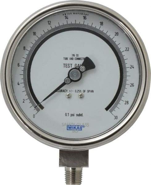 Wika - 4" Dial, 1/4 Thread, 0-30 Scale Range, Pressure Gauge - Lower Connection Mount, Accurate to 0.25% of Scale - Best Tool & Supply