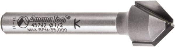 Amana Tool - 1/2" Cut Diam, 3/8" Length of Cut, 2 Flute V-Groove Edge Profile Router Bit - Carbide-Tipped, 1/4" Shank Diam, 2" OAL, Uncoated - Best Tool & Supply