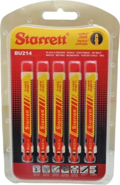 Starrett - 3" Long, 14 Teeth per Inch, Bi-Metal Jig Saw Blade - Toothed Edge, 5/16" Wide x 0.04" Thick, U-Shank, Wavy Tooth Set - Best Tool & Supply