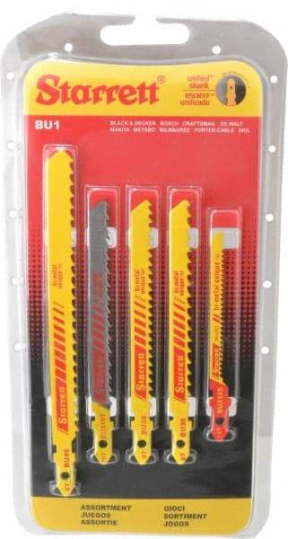 Starrett - 5 Piece, 3" to 5" Long, 6 to 14 Teeth per Inch, Bi-Metal Jig Saw Blade Set - Toothed Edge, 3/16" to 3/8" Wide, 0.04" to 0.05" Thick, U-Shank - Best Tool & Supply