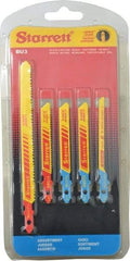 Starrett - 5 Piece, 3" to 5" Long, 10-14 to 32 Teeth per Inch, Bi-Metal Jig Saw Blade Set - Toothed Edge, 3/16" to 3/8" Wide, 0.04" to 0.04" Thick, U-Shank - Best Tool & Supply